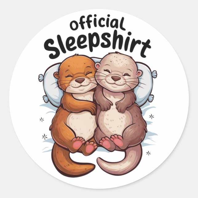 cartoon otters cuddling on a soft white pillow classic round sticker (Front)