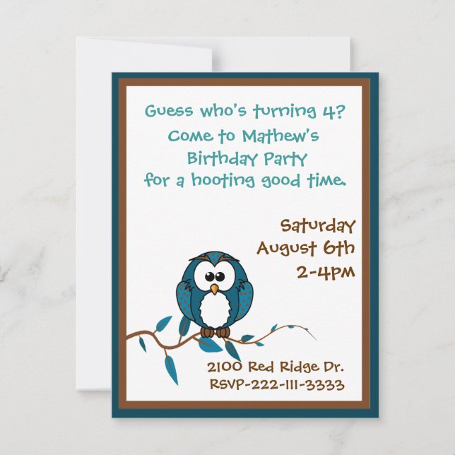 Cartoon Owl Birthday Invitation (Front)