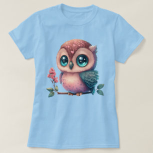 Cartoon Owl Perched on Branch With Heart Accents  T-Shirt