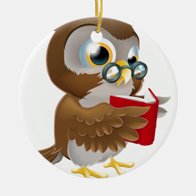 Cartoon Owl Reading a Book Ceramic Tree Decoration (Front)
