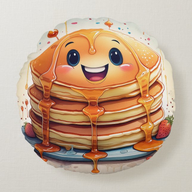Cartoon Pancakes Round Pillow – Whimsical and Fun  (Front)