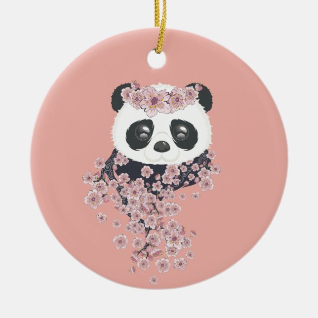 Cartoon panda portrait with Sakura flowers Ceramic Tree Decoration (Front)