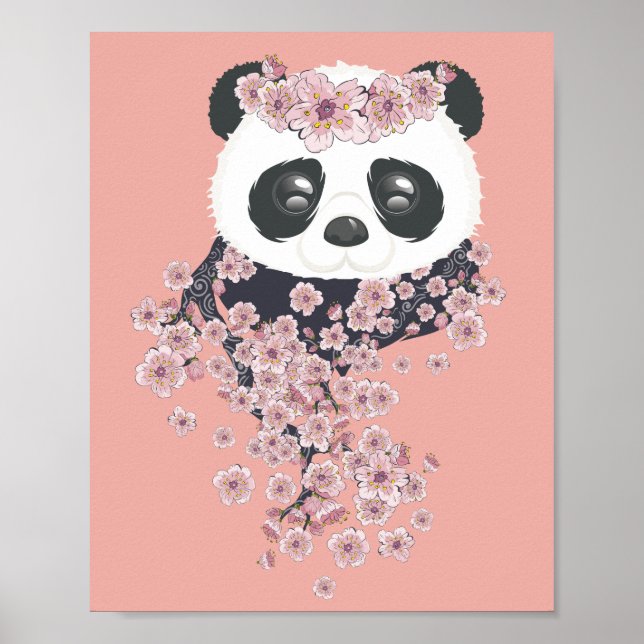 Cartoon panda portrait with Sakura flowers Poster (Front)