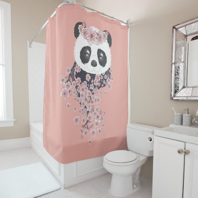 Cartoon panda portrait with Sakura flowers Shower Curtain (In Situ)
