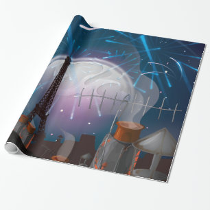 Cartoon Paris Skyline with Fireworks Wrapping Paper