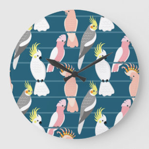 Cartoon Parrots: Cute Seamless Pattern Large Clock