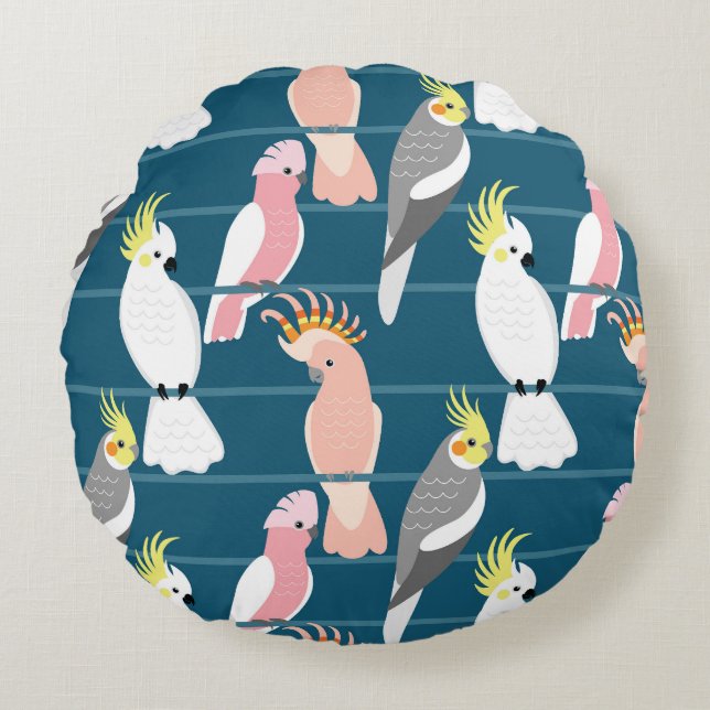 Cartoon Parrots: Cute Seamless Pattern Round Cushion (Front)