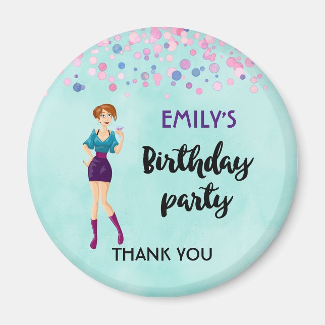 Cartoon Party Girl Holding Drink Birthday Thanks Magnet (Front)