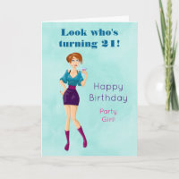 Cartoon Party Girl Holding Drink Happy Birthday