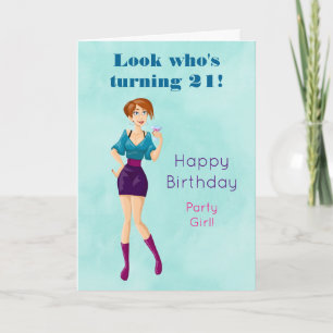 Cartoon Party Girl Holding Drink Happy Birthday Card