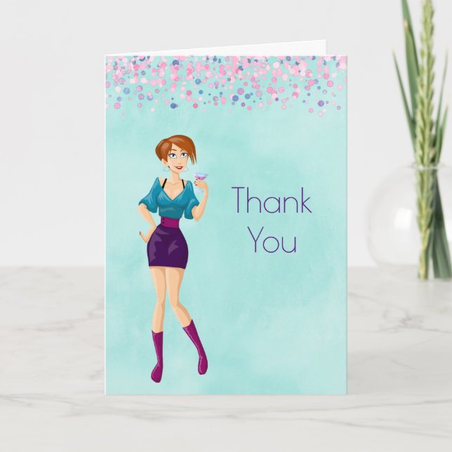 Cartoon Party Girl with Pink Confetti Thank You (Front)