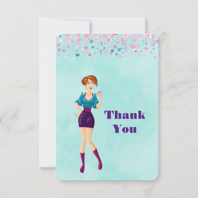 Cartoon Party Girl with Pink Confetti Thank You Card (Front)
