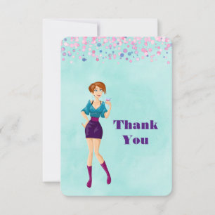 Cartoon Party Girl with Pink Confetti Thank You Card