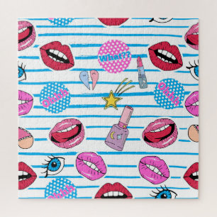 Cartoon patch badges: pop art. jigsaw puzzle