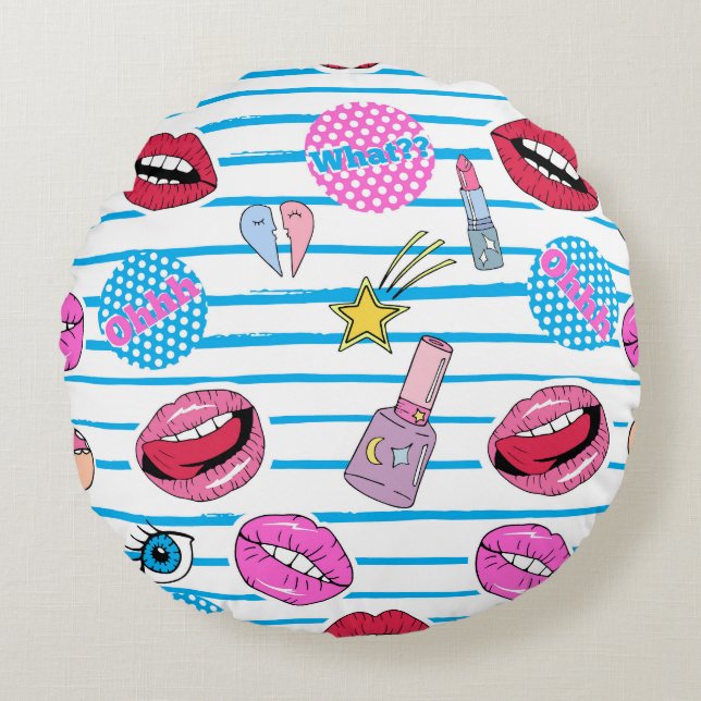 Cartoon patch badges: pop art. round cushion (Front)