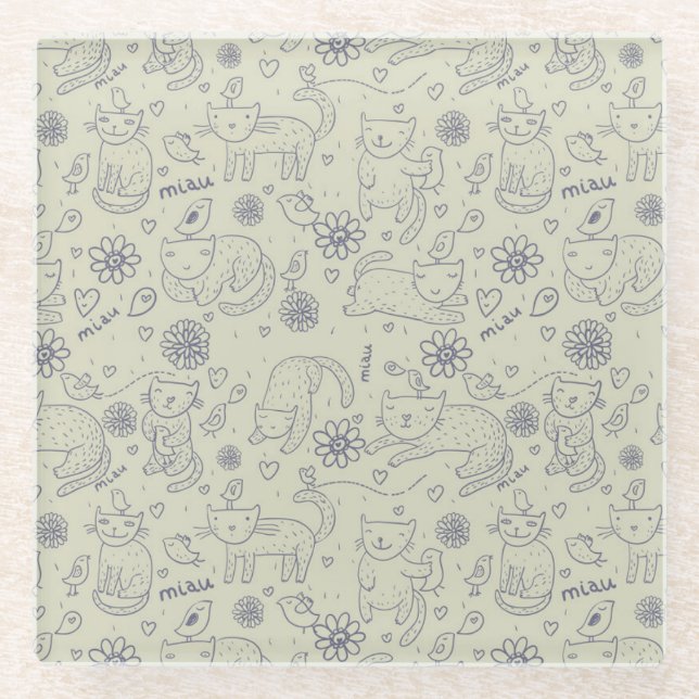 Cartoon pattern with funny cats glass coaster (Front)