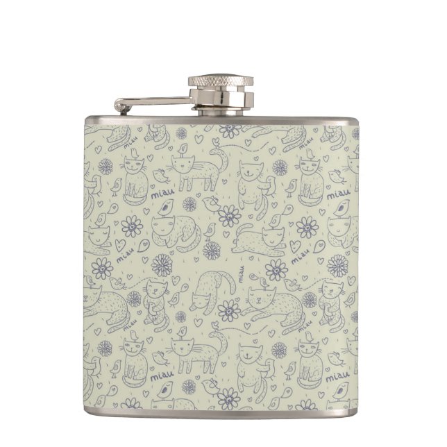 Cartoon pattern with funny cats hip flask (Front)