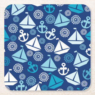 Cartoon Pattern With Sailboats Square Paper Coaster