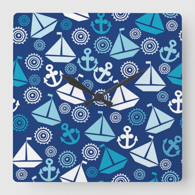 Cartoon Pattern With Sailboats Square Wall Clock (Front)