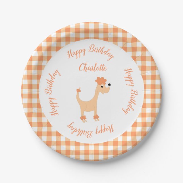 Cartoon peach poodle Posh Paws gingham birthday Paper Plate (Front)