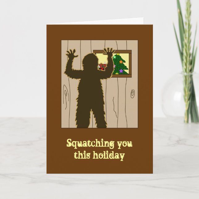Cartoon Peeking in Window Sasquatch Christmas Card (Front)