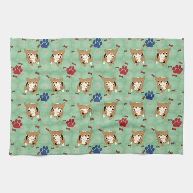 Cartoon Pembroke Welsh Corgi Tea Towel (Horizontal)