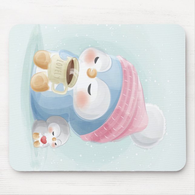 Cartoon Penguin| Cute Penguin With Snow Mouse Mat (Front)