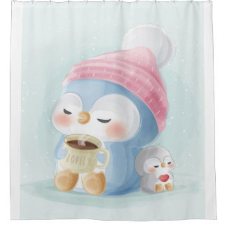 Cartoon Penguin| Cute Penguin With Snow Shower Curtain