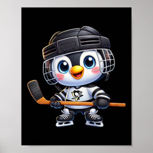 Cartoon Penguin Hockey Player Ice Hockey Poster