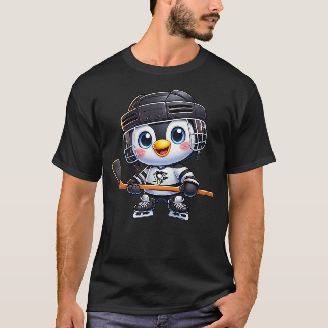 Cartoon Penguin Hockey Player Ice Hockey T-Shirt (Front)