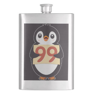 Cartoon Penguin Holding Number 99 Hip Flask