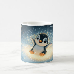 cartoon penguin in a snowy landscape, holding a br coffee mug