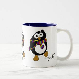 Cartoon penguin wearing a colourful rainbow scarf. Two-Tone coffee mug