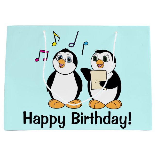 Cartoon Penguins Singing Happy Birthday Large Gift Bag (Front)