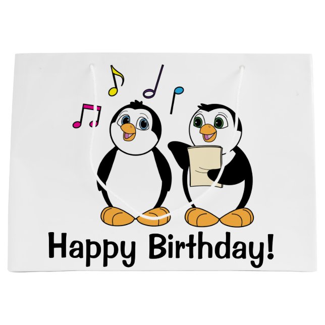 Cartoon Penguins Singing Happy Birthday Large Gift Bag (Front)