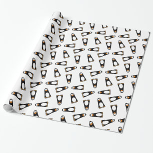 Cartoon Pensive Penguin on White Repeat Pattern Wrapping Paper