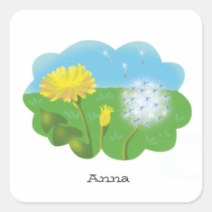 cartoon personalised dandelion in the meadow in s square sticker