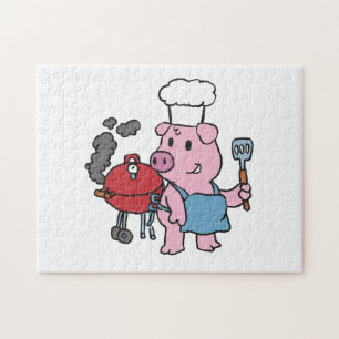 Cartoon pig making bbq choose background color jigsaw puzzle