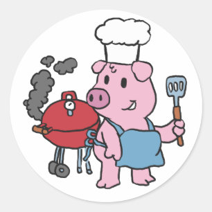 Cartoon pig making bbq   choose background colour classic round sticker