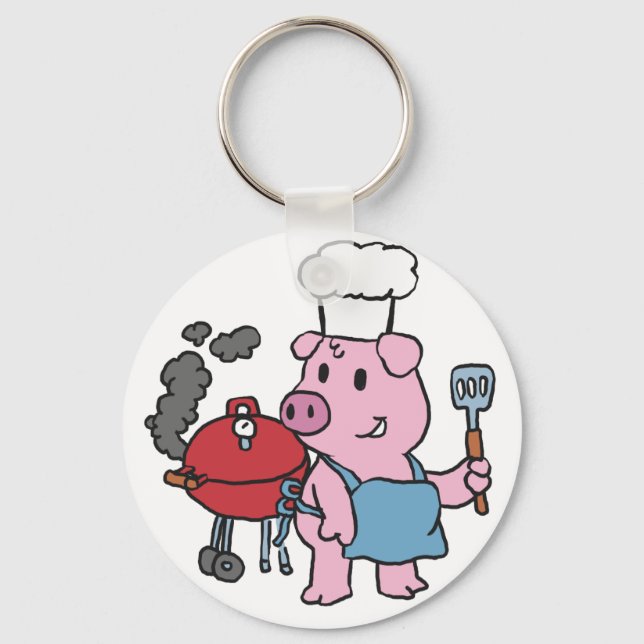 Cartoon pig making bbq | choose background colour key ring (Front)