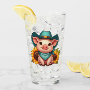 Cartoon Pig Wearing Cowboy Hat and Bandanna Glass