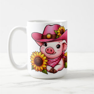 Cartoon Pig with Pink Hat and Sunflowers  Coffee Mug