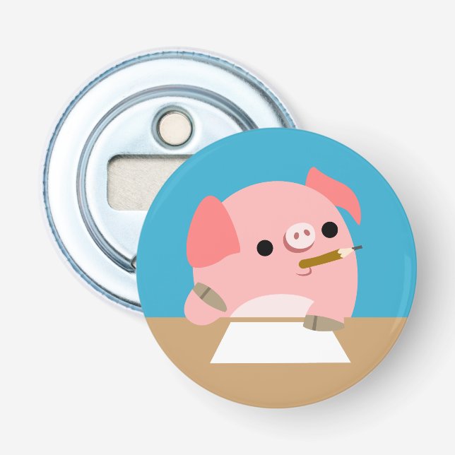 Cartoon Pig "Writer's Block" Button Bottle Opener (Front)