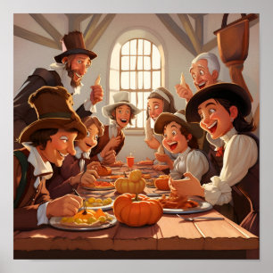 Cartoon Pilgrims around the Thanksgiving Table Poster