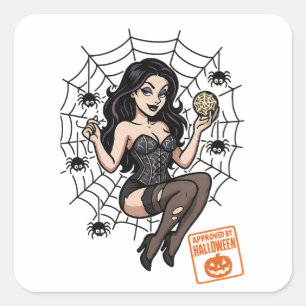 Cartoon Pin-Up Spider – Halloween Approved Square Sticker
