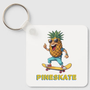Cartoon Pineapple with Sunglasses on a Skateboard Key Ring