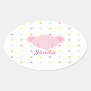 Cartoon Pink Baby Elephant Oval Sticker