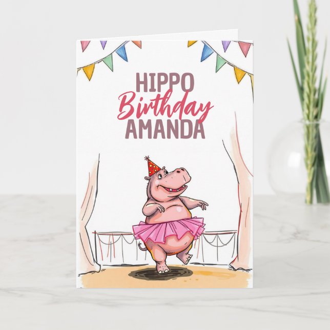 Cartoon Pink Dancing Hippo Birthday Card (Front)