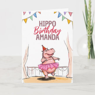 Cartoon Pink Dancing Hippo Birthday Card