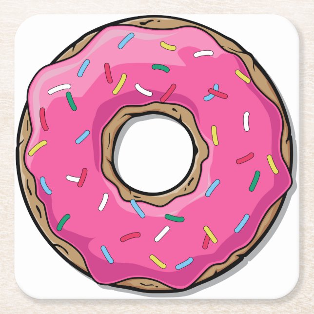Cartoon Pink Doughnut With Sprinkles Square Paper Coaster (Front)